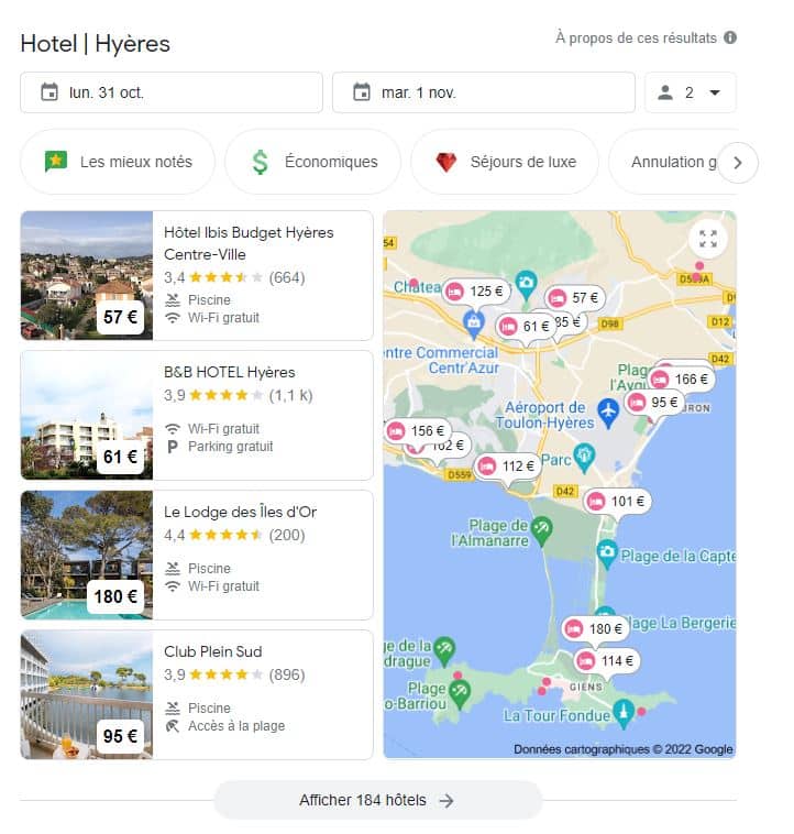 exemple de snippet google pour une recherche sur des hotels à Hyeres