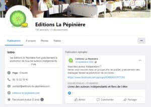 Page Facebook des Éditions la Pépinière