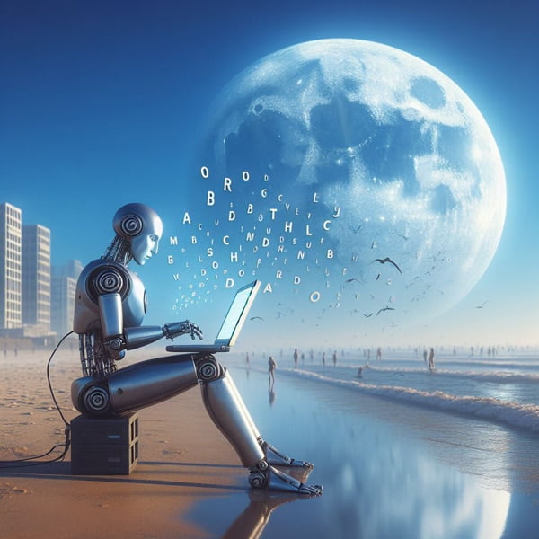 Un robot rédacteur web à l plage, travaille, pendant que son propriétaire, le rédacteur web humain, se baigne